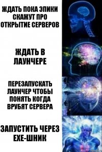 Ждать пока эпики скажут про открытие серверов Ждать в лаунчере Перезапускать лаунчер чтобы понять когда врубят сервера Запустить через exe-шник