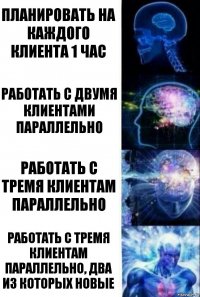 Планировать на каждого клиента 1 час Работать с двумя клиентами параллельно Работать с тремя клиентам параллельно Работать с тремя клиентам параллельно, два из которых новые