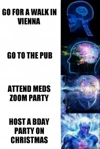 Go for a walk in Vienna Go to the pub Attend Meds zoom party Host a bday party on Christmas