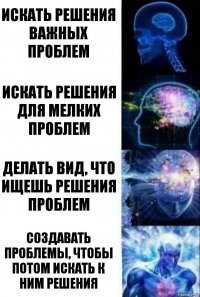 Искать решения важных проблем Искать решения для мелких проблем Делать вид, что ищешь решения проблем Создавать проблемы, чтобы потом искать к ним решения