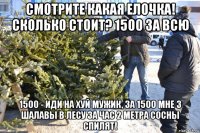 смотрите какая елочка! сколько стоит? 1500 за всю 1500 - иди на хуй мужик, за 1500 мне 3 шалавы в лесу за час 2 метра сосны спилят!