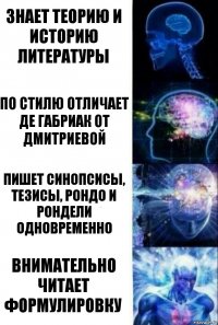 Знает теорию и историю литературы По стилю отличает де Габриак от Дмитриевой Пишет синопсисы, тезисы, рондо и рондели одновременно Внимательно читает формулировку