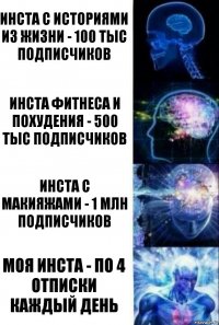 Инста с историями из жизни - 100 тыс подписчиков Инста фитнеса и похудения - 500 тыс подписчиков Инста с макияжами - 1 млн подписчиков Моя инста - по 4 отписки каждый день