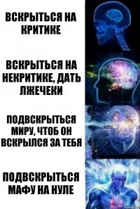 Вскрыться на критике вскрыться на некритике, дать лжечеки подвскрыться миру, чтоб он вскрылся за тебя подвскрыться мафу на нуле