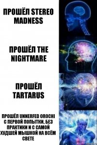 Прошёл Stereo Madness Прошёл The Nightmare Прошёл Tartarus Прошёл Unnerfed Orochi c первой попытки, без практики и с самой худшей мышкой на всём свете