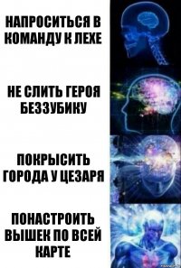 Напроситься в команду к Лехе Не слить героя беззубику Покрысить города у цезаря Понастроить вышек по всей карте