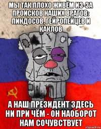 мы так плохо живём из-за происков наших врагов: пиндосов, гейропейцев и каклов а наш президент здесь ни при чём - он наоборот нам сочувствует