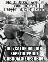 вспоминая хитлера: был в ораторском угаре бесподобным и помпезным, по усатой наглой харе получил совком железным.