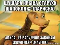 шушара крыса старухи шапокляк? (лариска) алиса - её балу учил законам джунглей? (маугли)