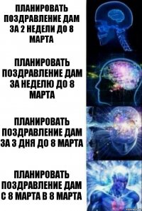 Планировать поздравление дам за 2 недели до 8 марта Планировать поздравление дам за неделю до 8 марта Планировать поздравление дам за 3 дня до 8 марта Планировать поздравление дам с 8 марта в 8 марта