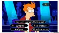 Как зовут ведущего Миллионер? Дибров Якубович Кибров Пошёл в жопу