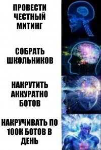 Провести честный митинг Собрать школьников Накрутить аккуратно ботов Накручивать по 100к ботов в день