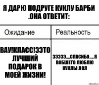 Я дарю подруге куклу барби .Она ответит: Вау!Класс!Ээто лучший подарок в моей жизни! Эээээ....Спасибо.....Я вобшето люблю куклы лол