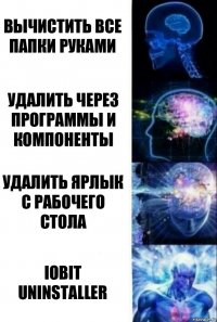 вычистить все папки руками удалить через программы и компоненты удалить ярлык с рабочего стола IOBIT UNINSTALLER