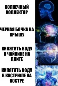 Солнечный коллектор Черная бочка на крышу Кипятить воду в чайнике на плите Кипятить воду в кастрюле на костре