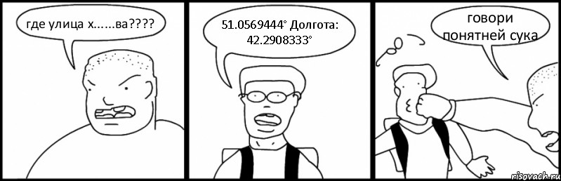 где улица х......ва??? 51.0569444° Долгота: 42.2908333° говори понятней сука, Комикс Быдло и школьник