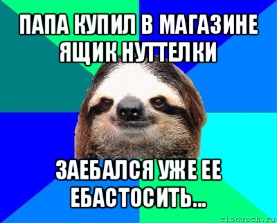 папа купил в магазине ящик нуттелки заебался уже ее ебастосить..., Мем Ленивец