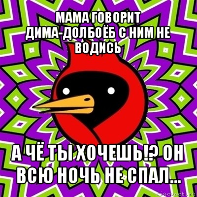 мама говорит дима-долбоёб с ним не водись а чё ты хочешь!? он всю ночь не спал..., Мем Омская птица