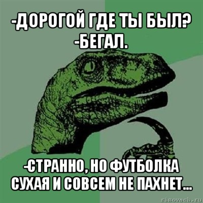 -дорогой где ты был?
-бегал. -странно, но футболка сухая и совсем не пахнет..., Мем Филосораптор