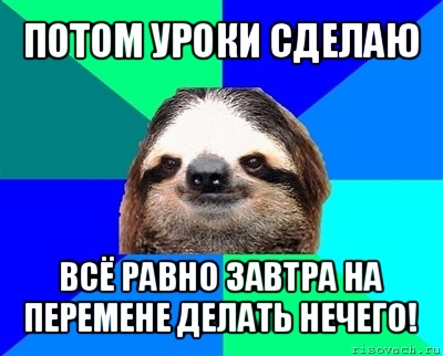 потом уроки сделаю всё равно завтра на перемене делать нечего!, Мем Ленивец