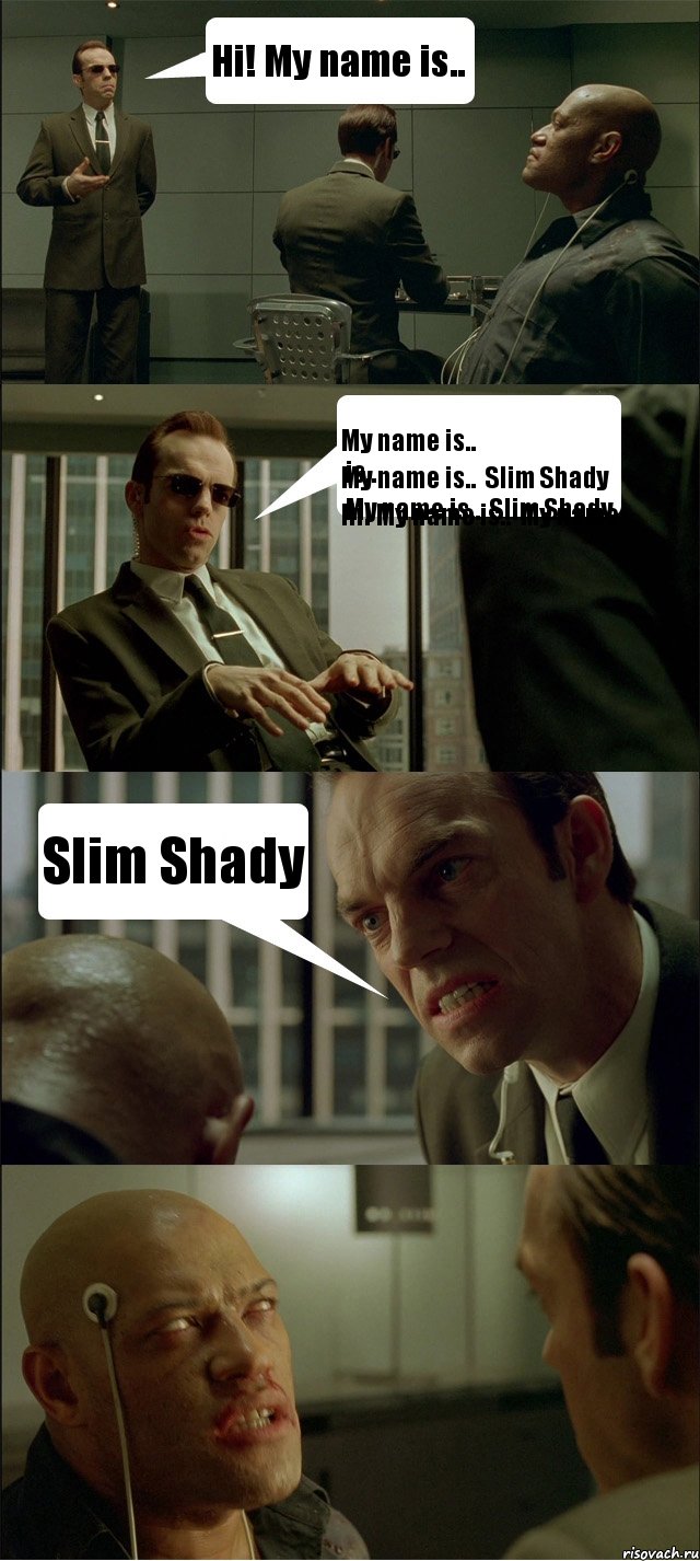 Hi! My name is.. My name is..
My name is.. Slim Shady
Hi! My name is.. My name is..
My name is.. Slim Shady Slim Shady