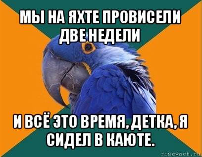 мы на яхте провисели две недели и всё это время, детка, я сидел в каюте.