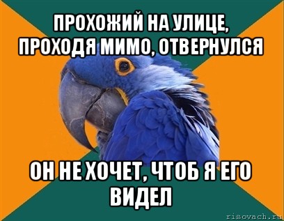 прохожий на улице, проходя мимо, отвернулся он не хочет, чтоб я его видел, Мем Попугай параноик