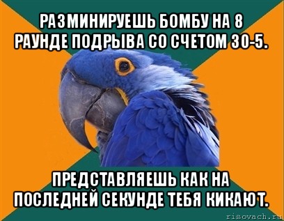 разминируешь бомбу на 8 раунде подрыва со счетом 30-5. представляешь как на последней секунде тебя кикают.