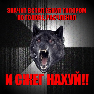 значит встал ебнул топором по голове, расчленил и сжег нахуй!!, Мем Сумасшедший волк