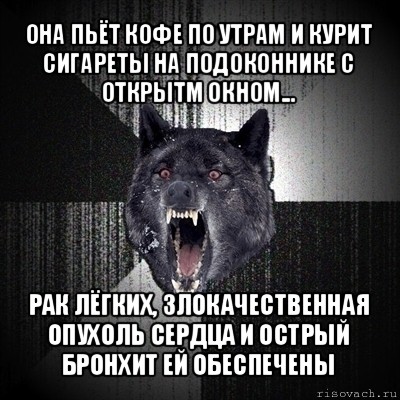 она пьёт кофе по утрам и курит сигареты на подоконнике с открытм окном... рак лёгких, злокачественная опухоль сердца и острый бронхит ей обеспечены, Мем Сумасшедший волк