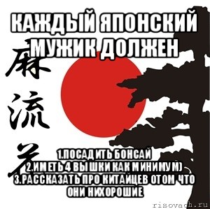 каждый японский мужик должен 1.посадить бонсай
2.иметь 4 вышки как минимум)
3.рассказать про китайцев отом что они нихорошие, Мем Хокку