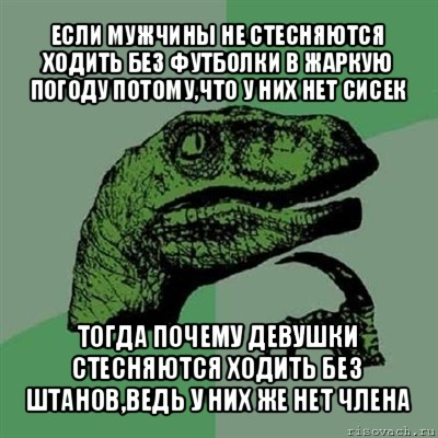 если мужчины не стесняются ходить без футболки в жаркую погоду потому,что у них нет сисек тогда почему девушки стесняются ходить без штанов,ведь у них же нет члена, Мем Филосораптор