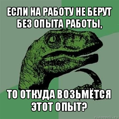 если на работу не берут без опыта работы, то откуда возьмётся этот опыт?, Мем Филосораптор