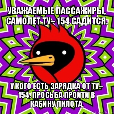 уважаемые пассажиры, самолет ту– 154 садится. у кого есть зарядка от ту– 154, просьба пройти в кабину пилота., Мем Омская птица