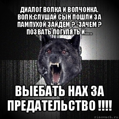 диалог волка и волчонка. волк:слушай сын пошли за пампухой зайдем ? -зачем ? позвать погулять и...... выебать нах за предательство !!!, Мем Сумасшедший волк