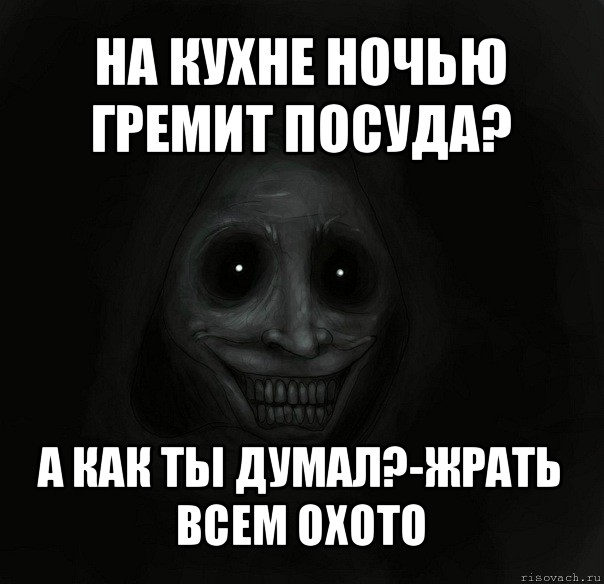 на кухне ночью гремит посуда? а как ты думал?-жрать всем охото, Мем Ночной гость