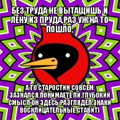 без труда не вытащишь и лену из пруда,раз уж на то пошло, а то старостин совсем зазнался,понимаете ли.глубокий смысл он здесь разглядел,знаки восклицательные ставит), Мем Омская птица