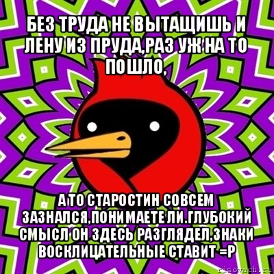 без труда не вытащишь и лену из пруда,раз уж на то пошло, а то старостин совсем зазнался,понимаете ли.глубокий смысл он здесь разглядел,знаки восклицательные ставит =р, Мем Омская птица