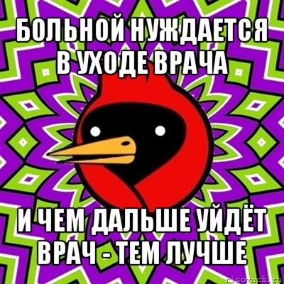 больной нуждается в уходе врача и чем дальше уйдёт врач - тем лучше, Мем Омская птица