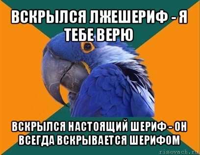 вскрылся лжешериф - я тебе верю вскрылся настоящий шериф - он всегда вскрывается шерифом, Мем Попугай параноик