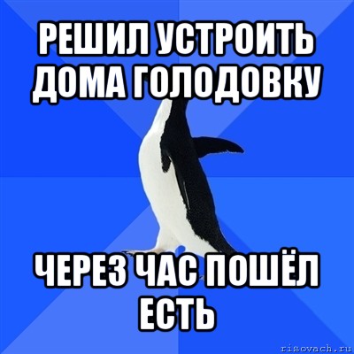 решил устроить дома голодовку через час пошёл есть, Мем  Социально-неуклюжий пингвин