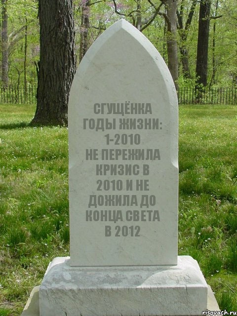 СГУЩЁНКА
ГОДЫ ЖИЗНИ:
1-2010
НЕ ПЕРЕЖИЛА КРИЗИС В 2010 И НЕ ДОЖИЛА ДО КОНЦА СВЕТА В 2012, Комикс  Надгробие