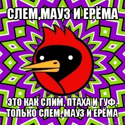 слем,мауз и ерёма это как слим, птаха и гуф,
только слем, мауз и ерёма, Мем Омская птица