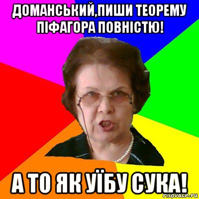 доманський,пиши теорему піфагора повністю! а то як уїбу сука!, Мем Типичная училка