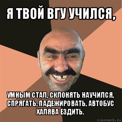 я твой вгу учился, умным стал, склонять научился, спрягать, падежировать, автобус халява ездить., Мем Я твой дом труба шатал