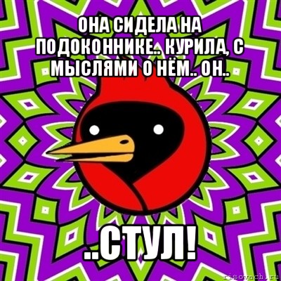 она сидела на подоконнике.. курила, с мыслями о нём.. он.. ..стул!, Мем Омская птица