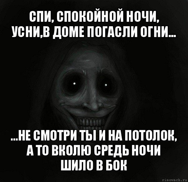 спи, спокойной ночи, усни,в доме погасли огни... ...не смотри ты и на потолок, а то вколю средь ночи шило в бок, Мем Ночной гость