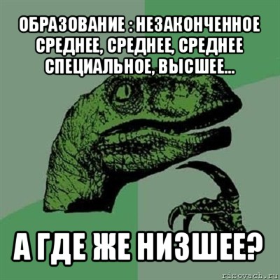 образование : незаконченное среднее, среднее, среднее специальное, высшее... а где же низшее?, Мем Филосораптор