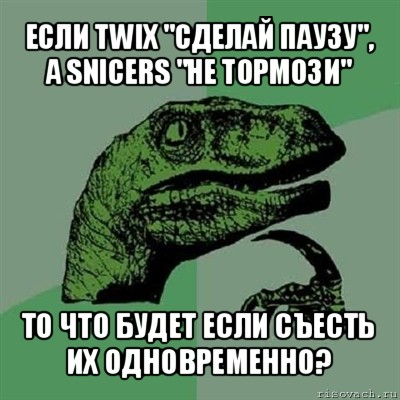 если twix "сделай паузу", а snicers "не тормози" то что будет если съесть их одновременно?, Мем Филосораптор