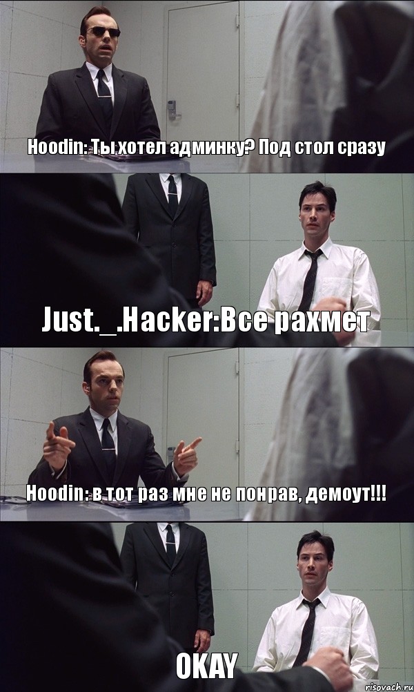 Hoodin: Ты хотел админку? Под стол сразу Just._.Hacker:Все рахмет Hoodin: в тот раз мне не понрав, демоут!!! OKAY